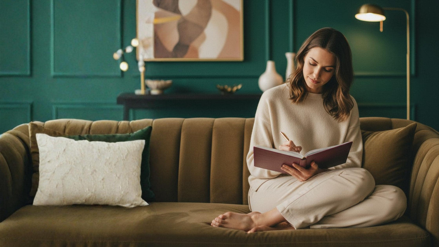 woman sitting in living room writing in journal