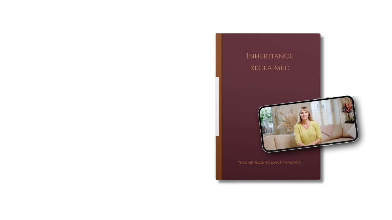 A closed copy of Inheritance Reclaimed - A Guided Journal for Adulting by teelaunch sits with a smartphone on top, showing a woman in a yellow top indoors, apparently speaking or presenting.