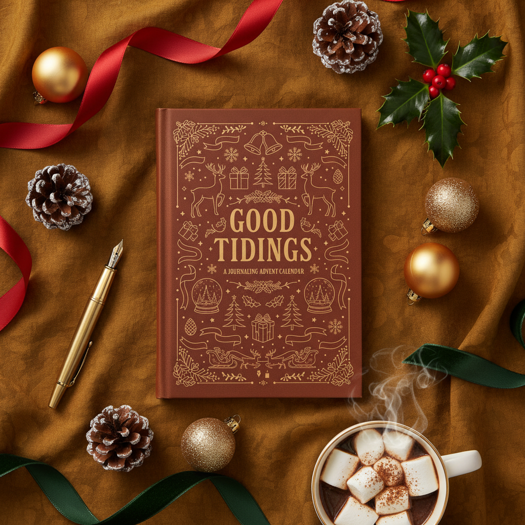 A festive flat lay displays the teelaunch Good Tidings Journaling Advent Calendar, pinecones, ornaments, holly, a fountain pen, red and green ribbons, and a mug of hot chocolate with marshmallows on a brown cloth background.