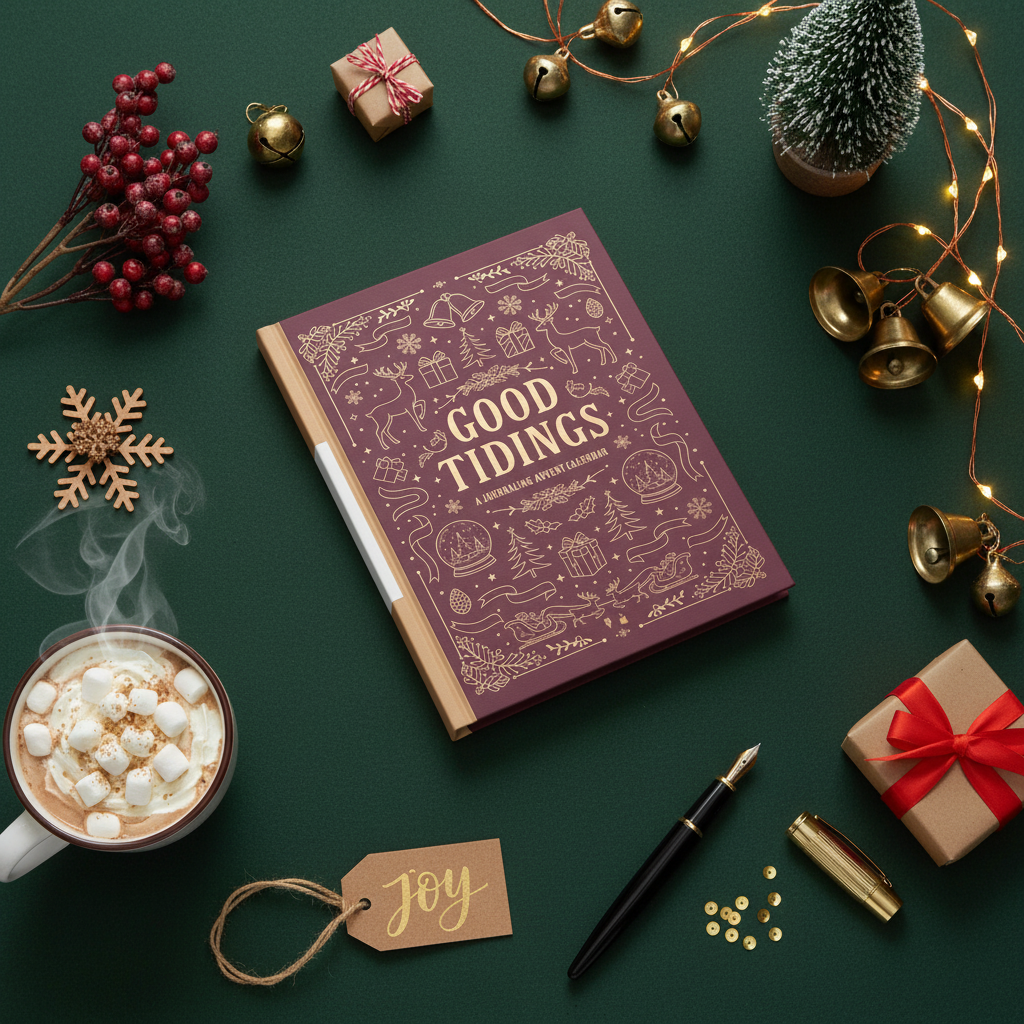 A festive flat lay shows the teelaunch Good Tidings Journaling Advent Calendar, hot chocolate with marshmallows, Christmas decorations, a wrapped gift, pen, bells, a mini tree, and a joy tag on a green background.