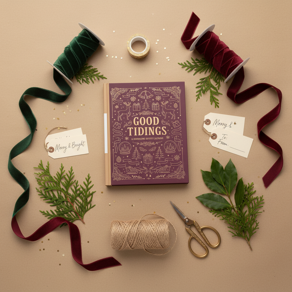 Flat lay of the teelaunch Good Tidings Journaling Advent Calendar, surrounded by red and green velvet ribbons, scissors, leaves, string, gold confetti, and gift tags reading "Merry & Bright" and "To/From".
