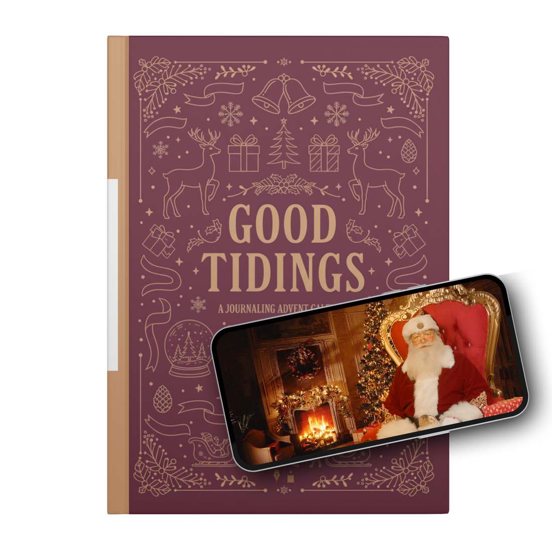 A maroon Good Tidings Journaling Advent Calendar by teelaunch with festive illustrations, placed beside a smartphone showing Santa Claus in a cozy, decorated Christmas scene.