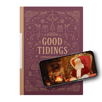 A maroon Good Tidings Journaling Advent Calendar by teelaunch with festive illustrations, placed beside a smartphone showing Santa Claus in a cozy, decorated Christmas scene.