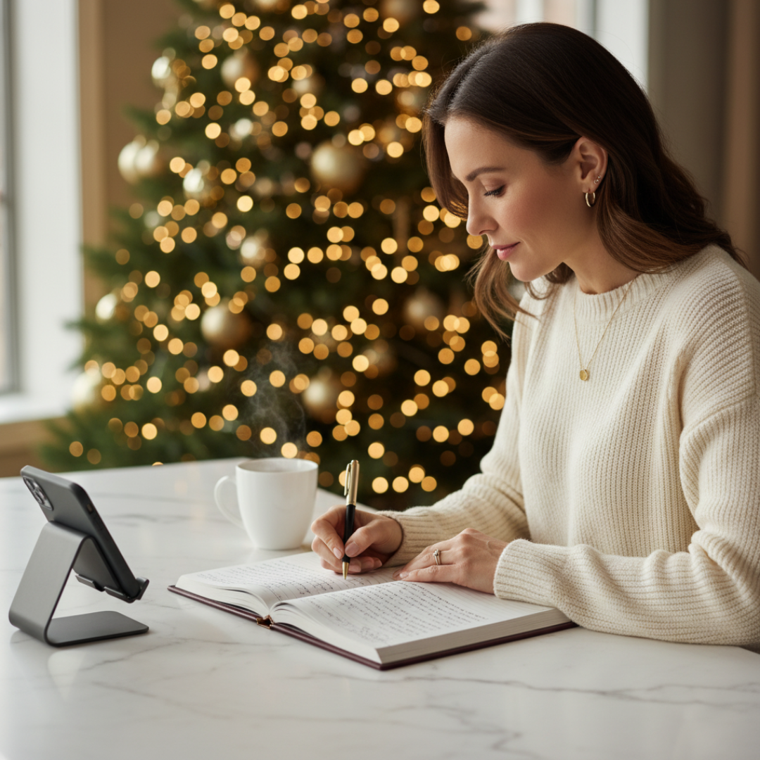 A woman in a cream sweater writes in her teelaunch Good Tidings Journaling Advent Calendar at a table with her phone on a stand and a mug nearby, while a warmly lit, decorated Christmas tree glows in the background.