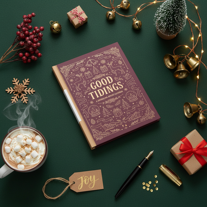 A festive flat lay shows the teelaunch Good Tidings Journaling Advent Calendar, hot chocolate with marshmallows, Christmas decorations, a wrapped gift, pen, bells, a mini tree, and a joy tag on a green background.